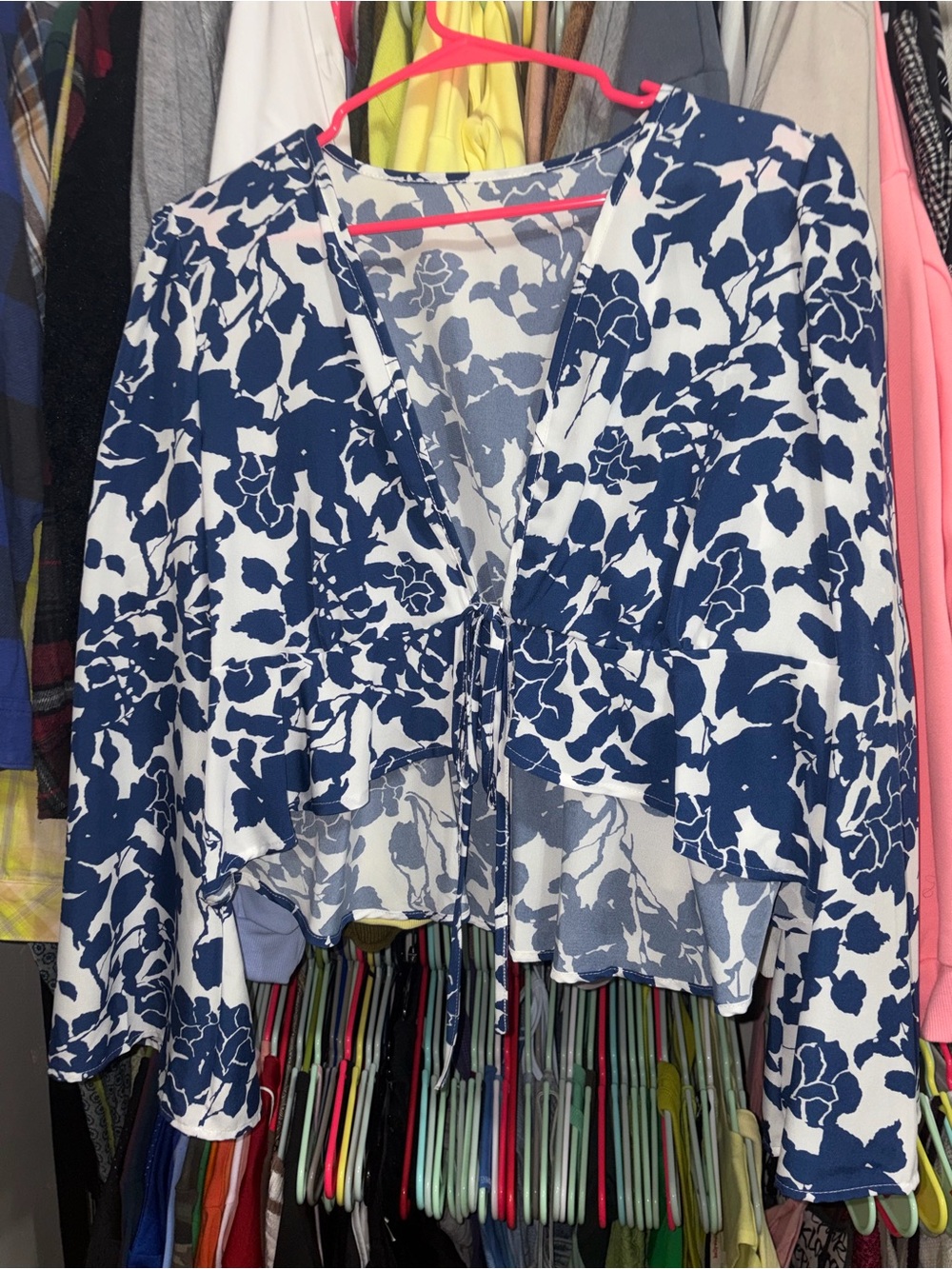 SHEIN Navy and White Floral Tie-Front Blouse